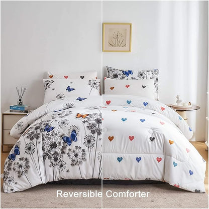 Reversible Twin Comforter Set with Sheets, 7 Pieces Twin Bed in a Bag with Comforter, Sheets and Pillowcases, Floral Butterfly Hearts Soft Microfiber Kids Twin Bedding Set, Grey and White
