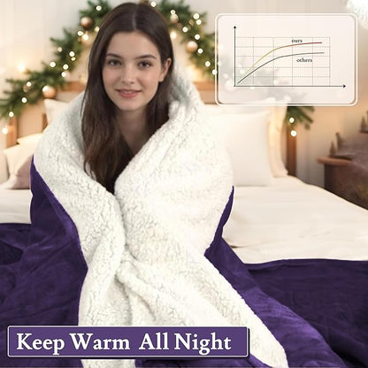 Electric Heated Blanket Flannel & Sherpa 50"x60" Throw Size - 4 Heat Levels, 10H Auto Shut Off, Fast Heating, Cozy and Comfortable, Warm Gifts, Machine Washable - Purple