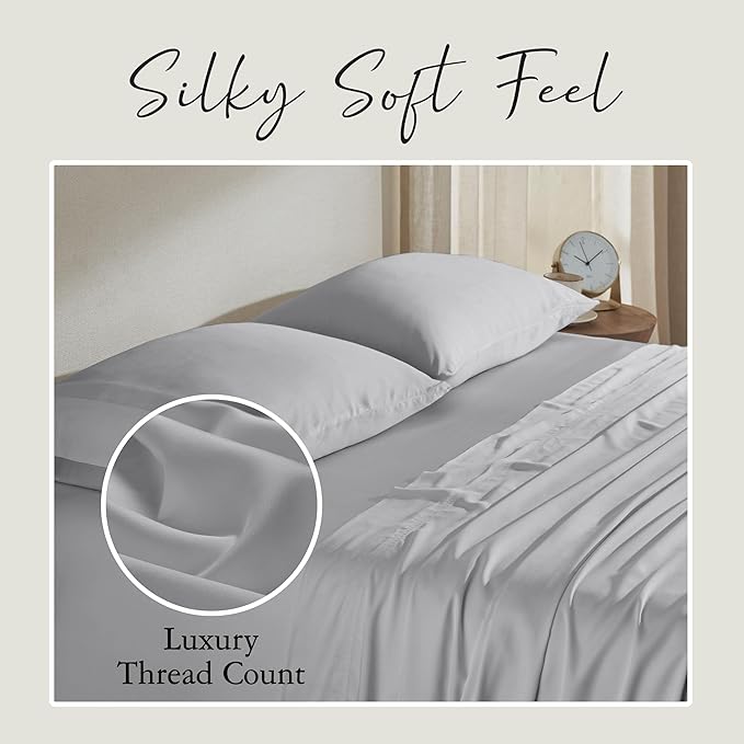 KARISSA MAE Cooling Bamboo Viscose Split King Sheet Set | 100% Organically Grown | 18” Deep Pocket | Silky, Soft, & Hypoallergenic | with Organizer Band & Elastic Corner Straps [Grey Mist]