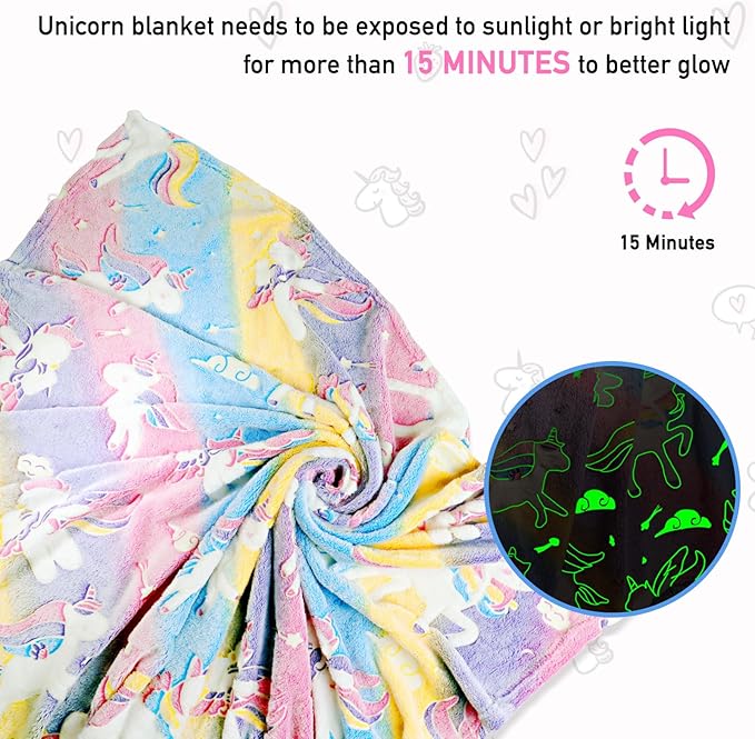 Unicorn Glow in The Dark Blanket for Girls/Kids, Soft Fleece Throw 40"x60" - Age 3-12