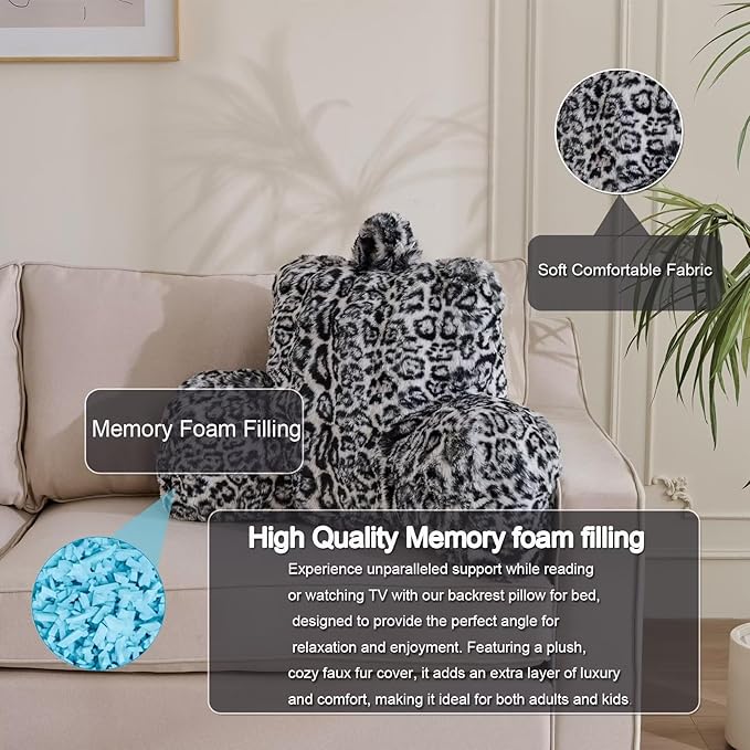 Reading Pillows for Boyfriend Adult,Velvet Back Pillow Bed Wedge Large, Back Rest Support Cushion for Sitting Up in Bed/Couch for Bedrest 18inch-Snow Leopard