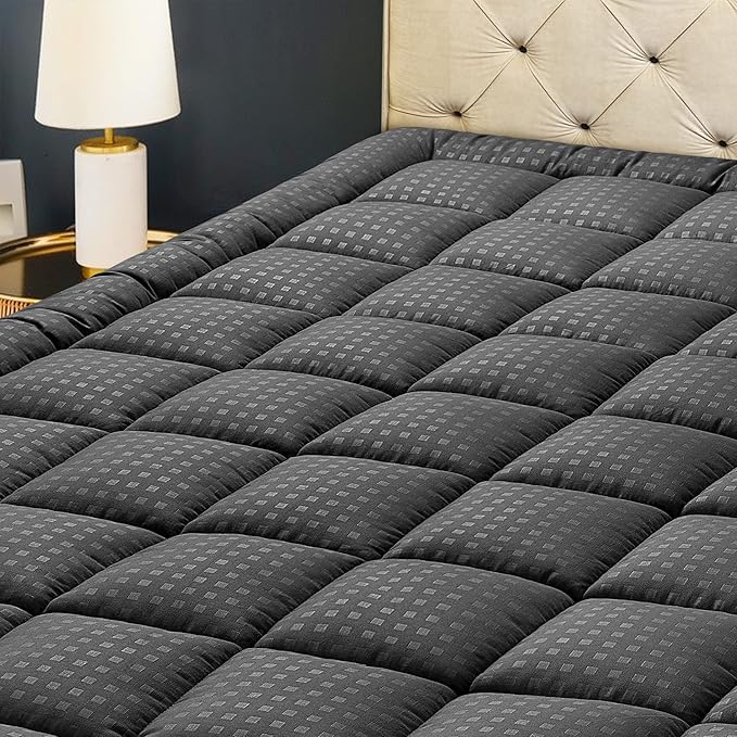 HYLEORY Twin Mattress Pad Quilted Fitted Mattress Protector Cooling Pillow Top Mattress Cover Breathable Fluffy Soft Mattress Topper with 8-21" Deep Pocket, Dark Grey