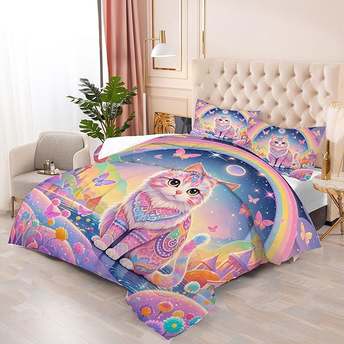 Cat Comforter Set Queen: Rainbow Cat Bedding Set Cartoon Exotic Kitten Floral Feline Castle Quilt for Women Girls Teens Adults Colorful Butterfly Pet Animal Bed Set 3 Piece