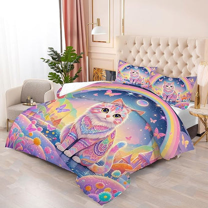 Rainbow Cat Comforter Set: Twin Size Cute Colorful Cat Bedding for Kids Teen Girls Room Decor Kawaii Purple Pink Ethnic Kitten Quilt Floral Feline Castle Bed Sets 2 Piece
