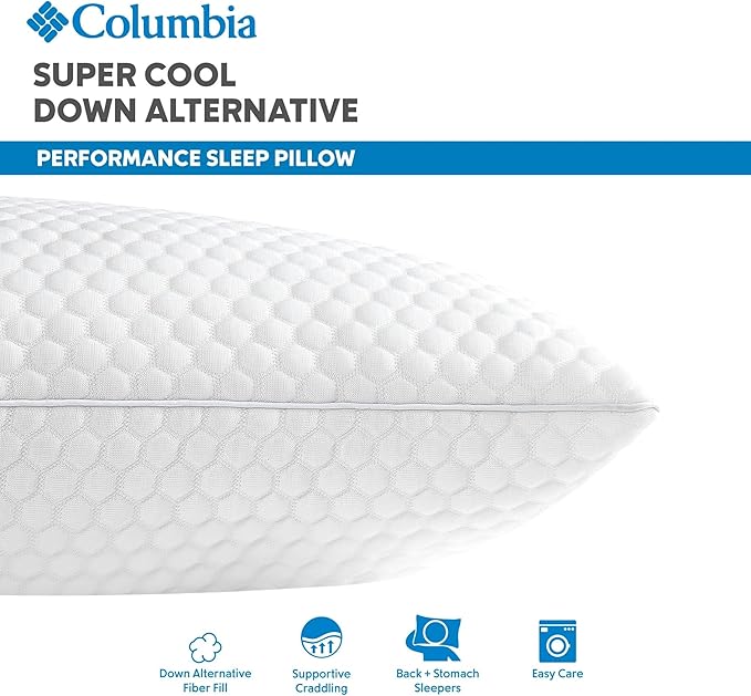 Columbia Comfort Ice Fiber Side Sleeper Down Alternative Bed Pillow with Polyester Fiberfill, Supportive Cooling Double Sided Breathable Cover (Back & Stomach Sleeper, Standard/Queen (Pack of 1))