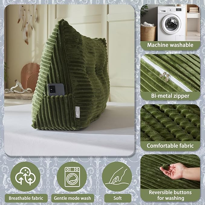 Headboard Wedge Pillow + A Long Neck Roll Pillow Body Pillow，Large Headboard Pillow with Removable Cover (Green, King：76x8x20 inches)