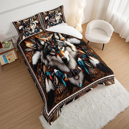 HOSIMA Wolf Twin Comforter Set,Tribe Decoration Print Animal Bedding for Teens Boys Room Decor,Lightweight Fluffy Dreamcatcher Feather Pattern Wolf Bedding Set for Kids with 2 Pillowcases.
