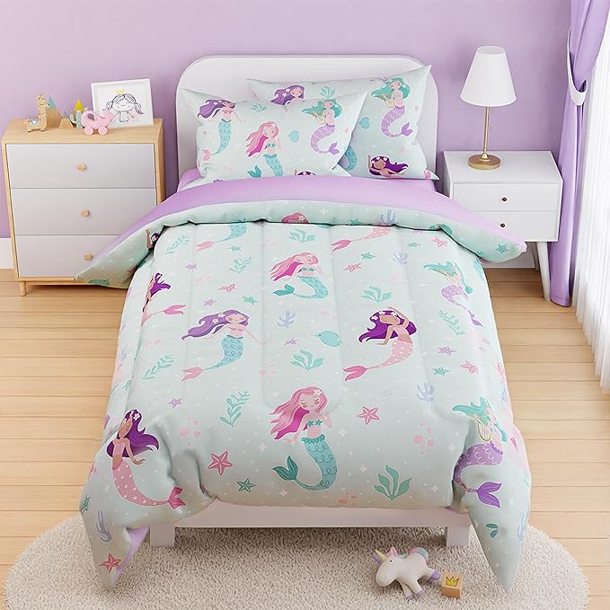 SANDJEST Mermaid Comforter Set Full Size 98x86in for Kids Girls, Microfiber 4 Pcs Bedding Set Includes 1 Comforter, 2 Pillowcases, 1 Fitted Sheet, Nursery Room Decor