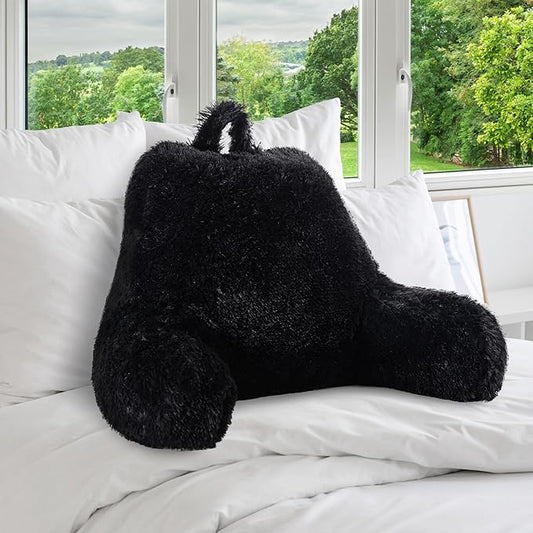 Cheer Collection Fluffy Reading Pillow Chair - Shaggy Hair Chair Pillow with Arms for Bed & Couch, Black