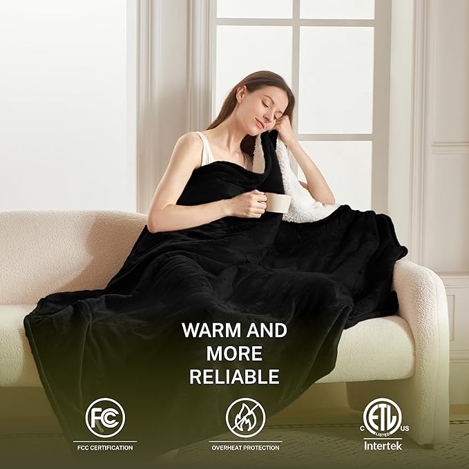 Heat Blanket 84”x90” Queen Size-Dual Control，Soft Flannel & Sherpa Reversible Electric Blanket with 10 Heat Settings,12 Timer Setting and 8 Hours Auto-Off,ETL Certified Machine Washable,Black