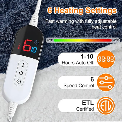Electric Heated Blanket Full Size - Jacquard Checkered Sherpa 72"x84" Fast Heating Bed Blankets with 6 Heating Levels & 10 Hours Auto Off, Over-Heat Protection ETL, Navy Blue