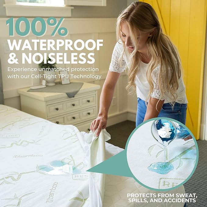 Twin Size 39x75” Premium Bamboo Waterproof Mattress Protector, 100% Viscose from Bamboo, Hypoallergenic, Cooling Mattress Pad Cover, Soft & Breathable Fitted Sheet Style up to 18" Deep - Rest Line