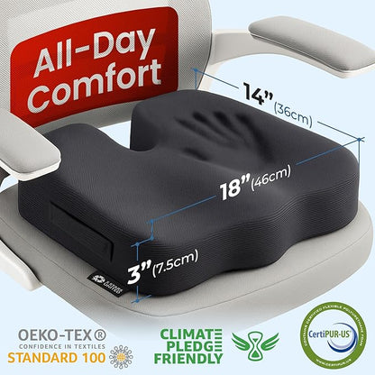 Seat Cushion for Office Chairs - Fits 18"x14" Seats, Tailbone, Coccyx Pain Relief - Butt, Pressure & Sciatica Relief - Gaming, Wheelchair, Car & Desk Pillow, Black