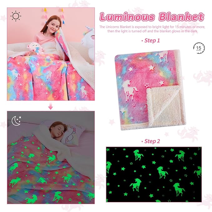 QSTEHEML Unicorns Glow in The Dark Blanket,Unicorn Gifts Sherpa Fleece Throw Blanket for Girls Age 3-12 Year Old, for Teens- Christmas Birthday Bedroom Decor 50"×60"