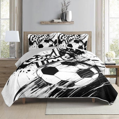 AILONEN Kids Soccer Quilt Set Full Size,Graffiti Football Black White Bedspread Coverlet for Boys Girls,Sports Soccer Ball Game Quilt & 2 Pillowcases,3-Piece