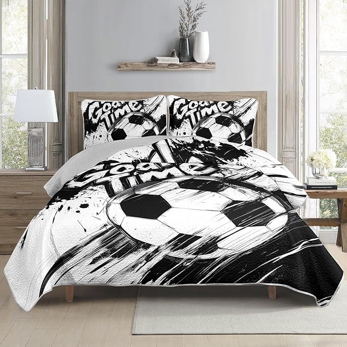 AILONEN Kids Soccer Quilt Set Twin Size,Graffiti Football Black White Bedspread Coverlet for Boys Girls,Sports Soccer Ball Game Quilt & 2 Pillowcases,3-Piece