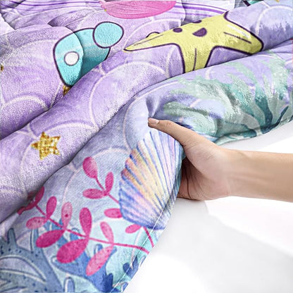 QOOMO Unicorn Sherpa Comforter Set for Girls, Marine Life Soft All Season Down Alternative Bedding Sets, Ultra-Soft Sherpa Full/Queen Comforter Set 3 Piece (1 Comforter and 2 Pillow Shams)