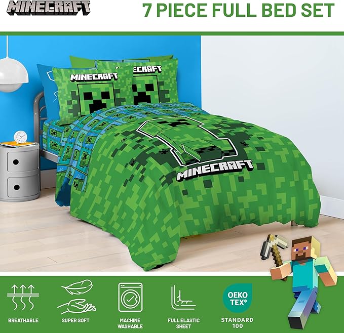 Jay Franco Kids Comforter Set Includes Sheets and Pillow Covers - Soft and Cozy Bed Set for Stylish Room Decor, Green - Minecraft Creeper, 7 Piece Full Size Bedding