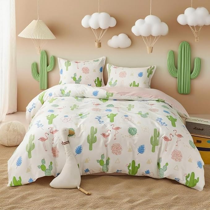 Simple&Opulence 100% Organic Cotton Duvet Cover for Kids Teens, 3 Pieces Soft Comforter Cover with Zipper Closure Warm Adorable Flamingo Bedding Set - Cactus, Twin