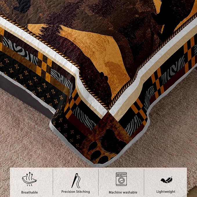 AILONEN Rustic Bear Full Size Quilt Set,Wild Animal Hunting Themed Bedspread Coverlet + 2 Pillowcases,3-Piece Woodland Brown Bear Bed Cover for Boys Girls