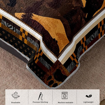 AILONEN Rustic Bear Full Size Quilt Set,Wild Animal Hunting Themed Bedspread Coverlet + 2 Pillowcases,3-Piece Woodland Brown Bear Bed Cover for Boys Girls