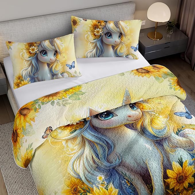 Kawaii Yellow Unicorn Flowers Quilts Bedding Queen 3Pcs Tie-Dye Sunflower Butterfly Bed Set Dreamy Animal Pattern Bedspread Coverlet with 2 Pillowcases for Kid Boy Girl Teen Adult Room Decor
