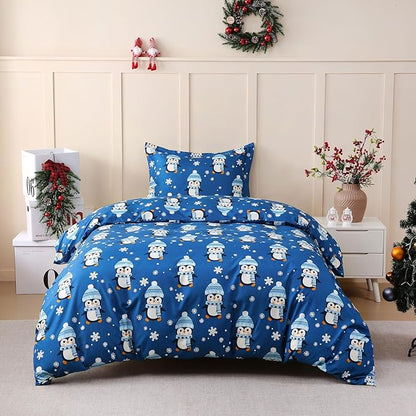 JSD Penguin Snowflakes Kids Christmas Duvet Cover Set Twin Size, 2 Piece Xmas Comforter Cover with Pillow Sham Zipper Closure, Comforter Not Included