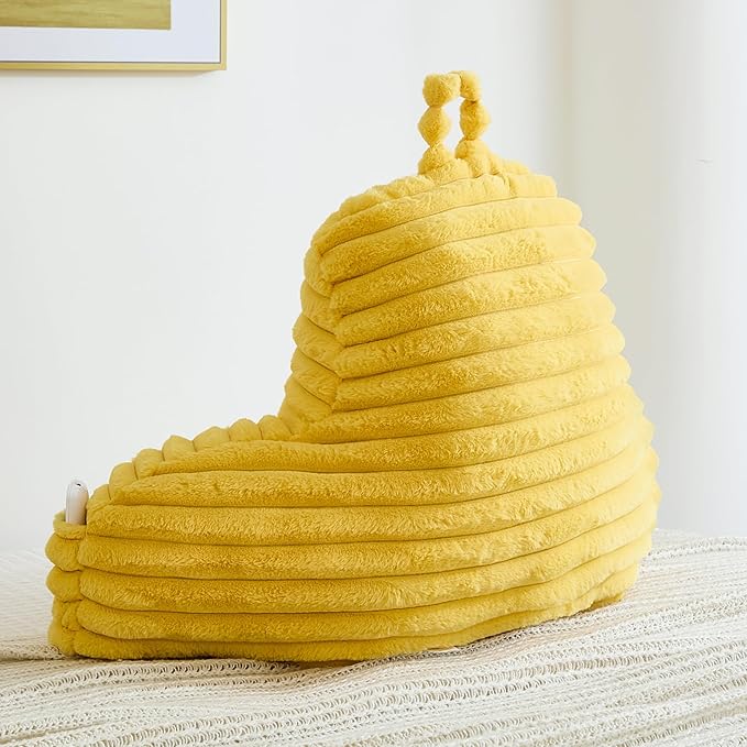 Faux Fur Fluffy Yellow Reading Pillow with Pockets, Luxury Striped Plush Decorative, Arm Rests and Back Support for Bed Rest, Lounging on Sofa, Extra Large Size for Adult.