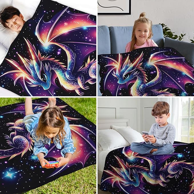 GNEW Cute Galaxy Dragon Throw Blanket, Kawaii Dragon Gifts for Kids, Sparkle Galaxy Starry Stars Animal Print Blanket, Blue Purple Pink Black, 80"x60"