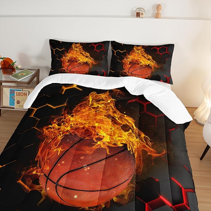 Basketball Bedding Set King Size,Black Honeycomb Background Comforter Flame Basketball Print Bedding Set for Boys Girls Bedroom Decor,Sports Themed Sets Comforter with 2 Pillowcases.