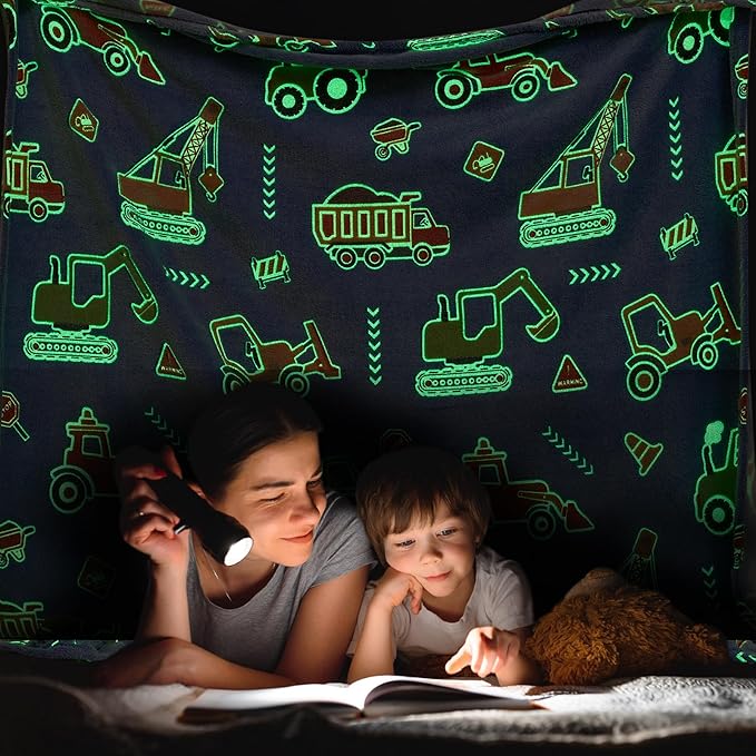 Glow in The Dark Blanket for Boys,Construction Truck Throw Blanket for Kids Truck Toys Gift for Boys Warm Kids Excavator Car Theme Decor Blanket for Couch Sofa Bedroom,50x60 Inches