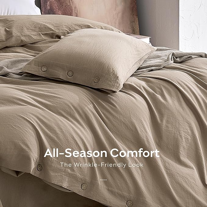 JELLYMONI 100% Washed Cotton Duvet Cover King – Soft, Breathable Linen-Look Bedding with Natural Wrinkle Texture, Button Closure, 3-Piece Set (Dusty Khaki, 104"x90")