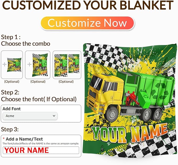 Blanket for Boys, Personalized Garbage Truck Throw Blanket Gifts for Kids Boys Age 4-6, 40"x50" Cute Custom Flannel Blankets Gift for Son Cars Lovers Lightweight Throws for Couch Sofa Bed Decor