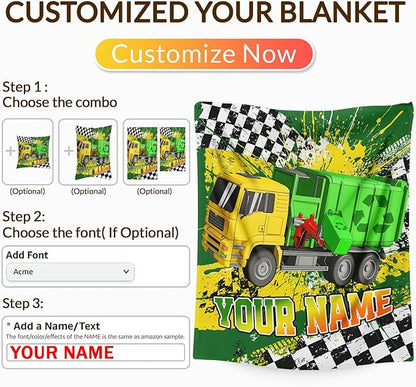 Blanket for Boys, Personalized Garbage Truck Throw Blanket Gifts for Kids Boys Age 4-6, 40"x50" Cute Custom Flannel Blankets Gift for Son Cars Lovers Lightweight Throws for Couch Sofa Bed Decor