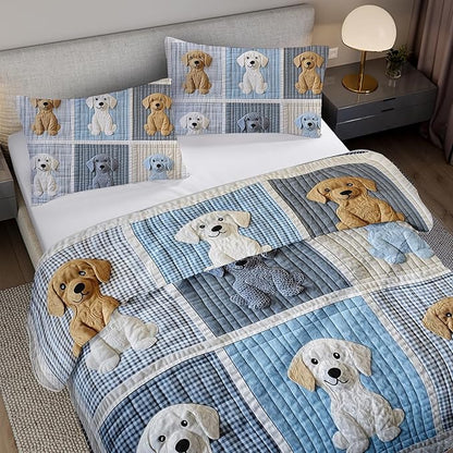 Kawaii Blue White Dogs Quilts Bedding Full 3Pcs Wild Animal Cartoon Pet Puppy Bed Set Fabric Collage Grid Pattern Bedspread Coverlet with 2 Pillowcases for Kid Boy Girl Teen Adult Room Decor