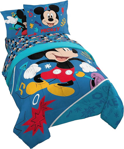 Jay Franco Kids Comforter Set Includes Sheets and Pillow Covers - Soft and Cozy Bed Set for Stylish Room Decor, Blue - Mickey Mouse, 5 Piece Twin Bedding
