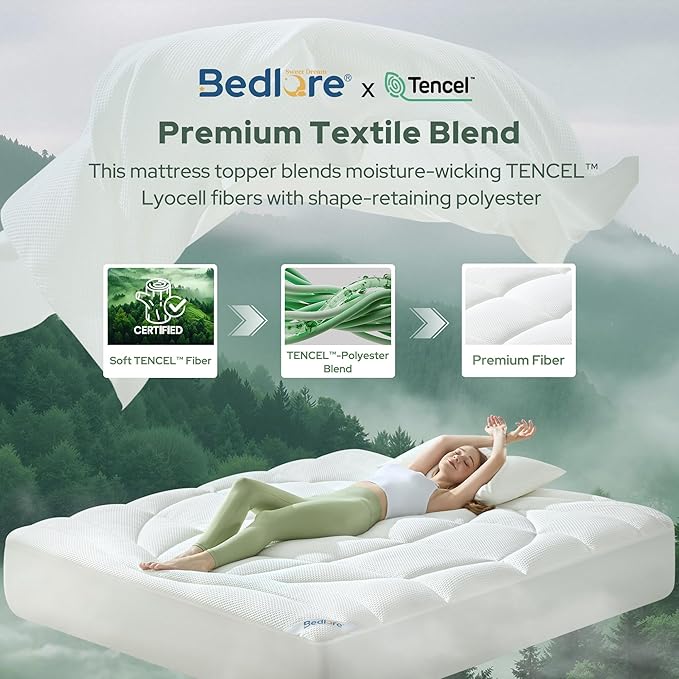 Queen Mattress Topper, Extra Thick Tencel™ Blend Pillow Top Mattress Pad, Soft and Breathable Mattress Cover for Back Pain Relief, Deep Pocket Design Fits 6–18 Inches Mattresses(White)