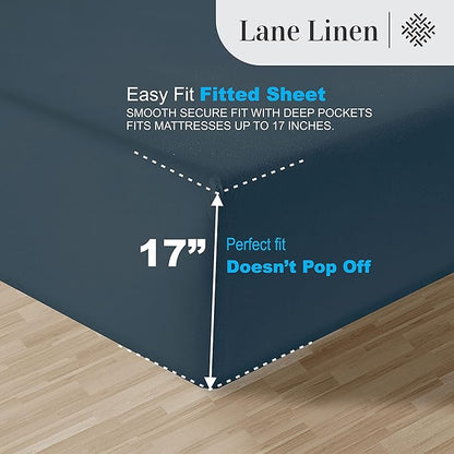 LANE LINEN 100% Egyptian Cotton California King Sheets - 4 Pc Sateen Sheet Sets Luxury Bedding & Pillowcases 17" Deep Pocket Dark Denim Stripe