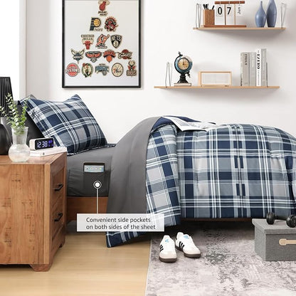 MaiRêve Navy Blue Twin XL Comforter Set, Twin XL Bedding Sets for Boys Girls 5 Pieces for Dorm Farmhouse All Season Lightweight &Comfy with Fitted Sheet, Flat Sheet (Navy Blue, Twin XL, 66"x90")