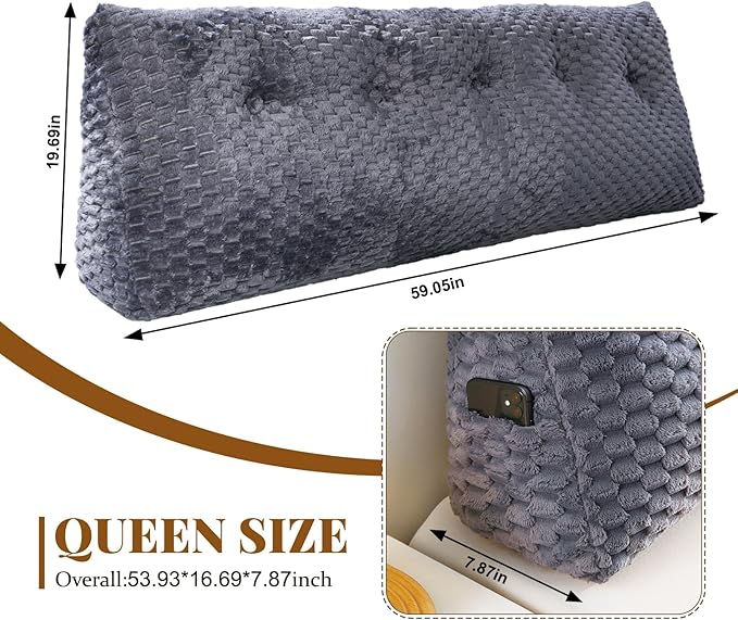 Large Headboard Wedge Pillow, Bed Rest Reading Pillow, Back Support Long Pillow, Bed Bolster Rest Reading Pillow with Removable Cover (Grey, Queen:59 * 20 * 8Inches)