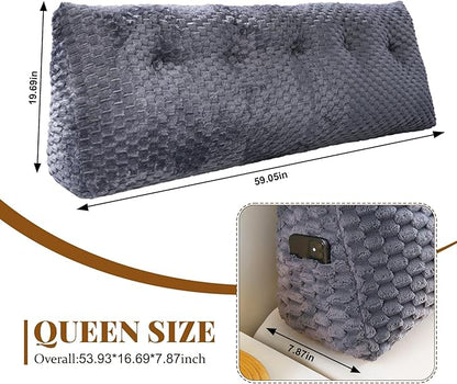 Large Headboard Wedge Pillow, Bed Rest Reading Pillow, Back Support Long Pillow, Bed Bolster Rest Reading Pillow with Removable Cover (Grey, Queen:59 * 20 * 8Inches)
