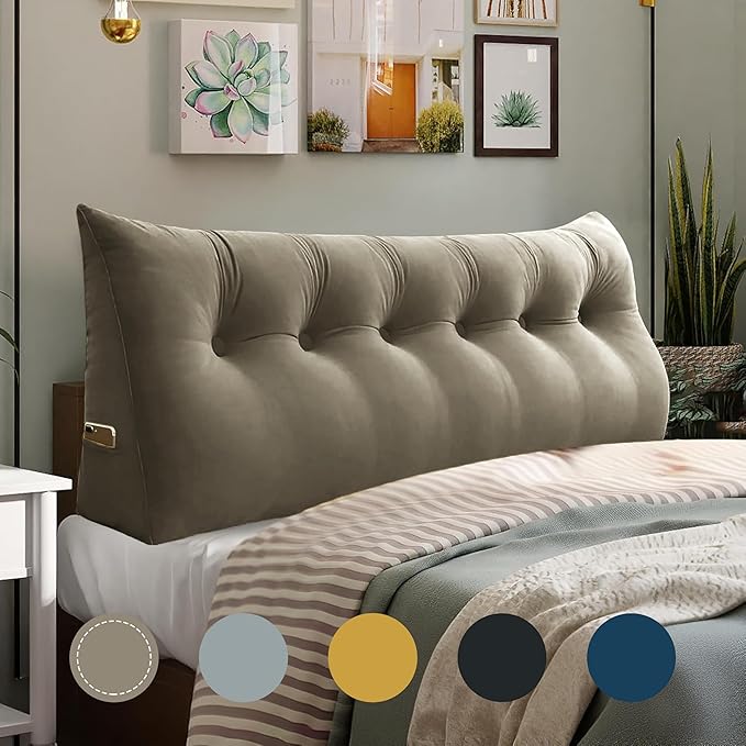 WOWMAX 100% Cotton Velvet Headboard Pillow – California King Wedge Back Support Reading Bolster for Bed & Daybed, Handmade Firm Support Cushion with Removable Cover, Soft Bed Rest Pillow, Beige Gray