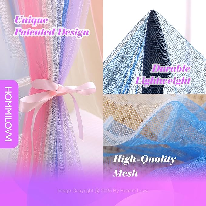 Rainbow Bed Canopy for Girls with Stars Lights, Princess Canopy Bed Curtains for Twin, Full, Queen Size Bed Hanging Canopy for Girls Room Decor, Kids Sheer Canopy Curtain