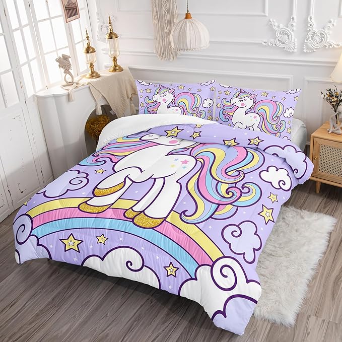 Axolotl Rainbow Unicorn Bedding Set King,Purple Unicorn Kids Comforter Set for Girls,Colorful Rainbow Bedding for Kids Teens Adults,Cartoon Stars Cloud Comforter,1 Quilt with 2 Pillowcases All Season
