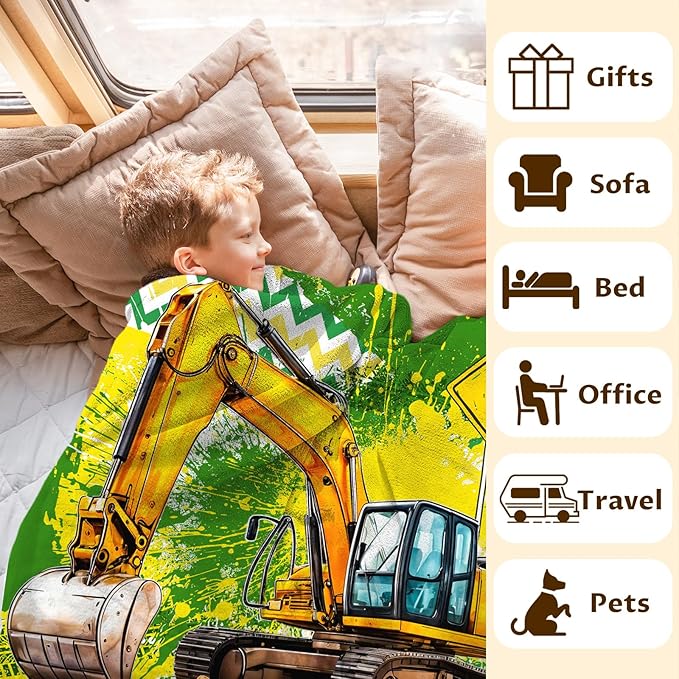 Personalized Blanket for Boys, Excavator Throw Blanket Gifts for Kids Teens, 50"x60" Cool Custom Flannel Construction Blankets Gift for Son Cars Lovers Lightweight Throws for Couch Sofa Bed Decor