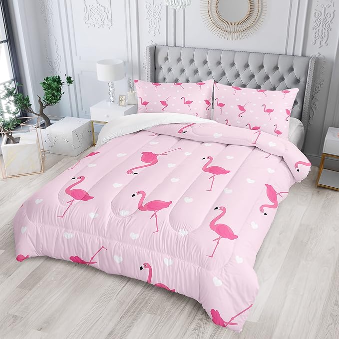 Flamingo Comforter Set Queen Size Tropical Pink Flamingo Love Heart Pattern Bedding Set Kawaii Quilted Duvet for Kids Girls Boys Adult with 1 Comforter and 2 Pillowcases