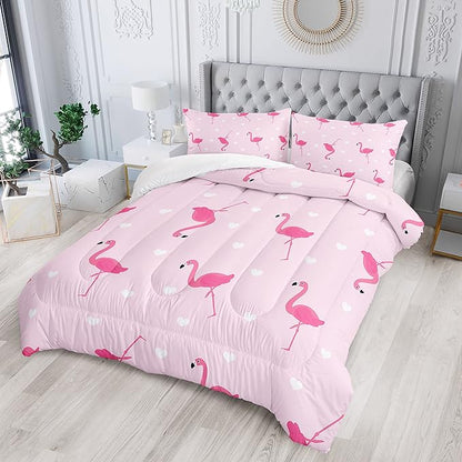 Flamingo Comforter Set Queen Size Tropical Pink Flamingo Love Heart Pattern Bedding Set Kawaii Quilted Duvet for Kids Girls Boys Adult with 1 Comforter and 2 Pillowcases