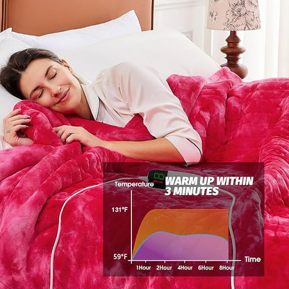 greenoak Heated Electric Blanket Throw, Faux Fur Sherpa Heating Blanket for Sofa Bed, Warm Winter Gifts for Mom/Grandma, Heater Lap Blankets 5-Position Timer &10 Heating Levels 62''*84" Red