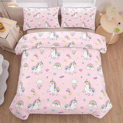 Peopleareok Unicorn Comforter Set Twin(68x86 Inch), 2 Piece Cute Pink Unicorn Print Comforter, Kids Cartoon Kawaii Comforter for Girls Bedroom Decor All Season