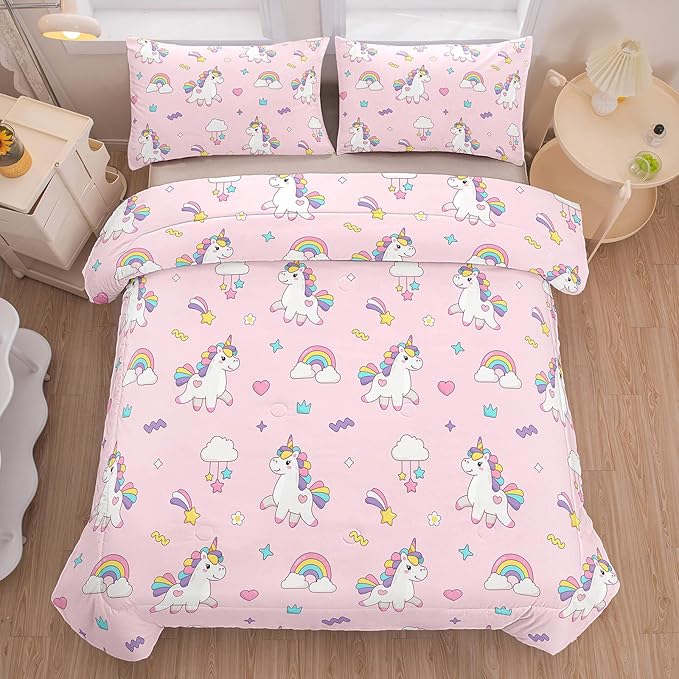 Peopleareok Unicorn Comforter Set Full(79x90 Inch), 3 Piece Cute Pink Unicorn Print Comforter, Kids Cartoon Kawaii Comforter for Girls Bedroom Decor All Season
